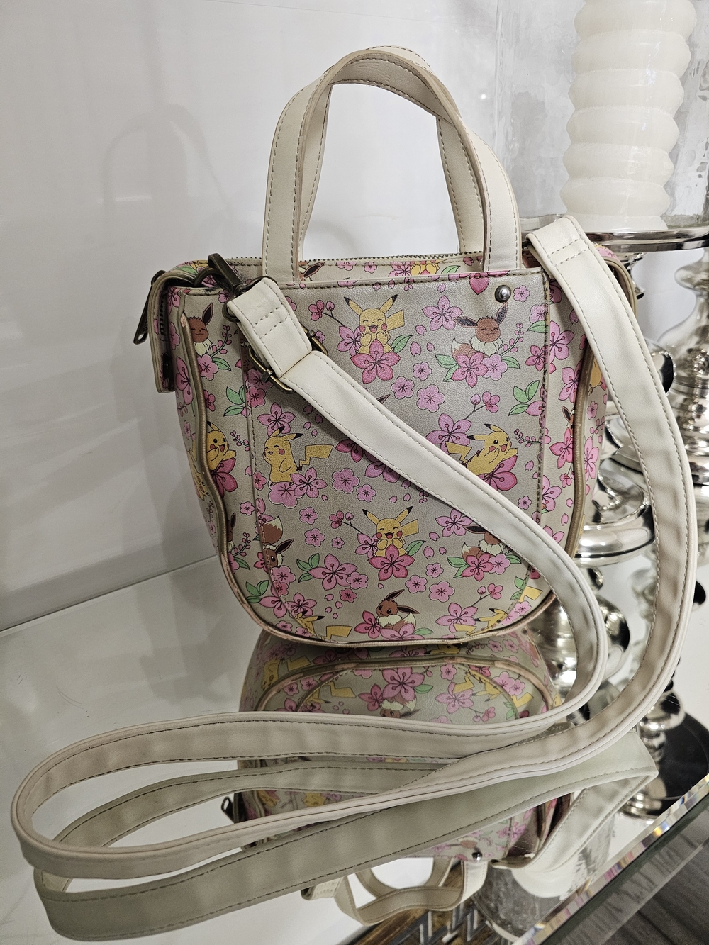 Loungefly Cream Mini Crossbody with Pink Floral Pikachu & Eevee Print - Picture 5 of 7